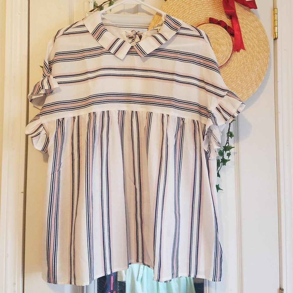 Listicle Pink, White, and Blue Striped Blouse with ruffled sleeves